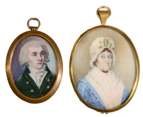 ENGLISH SCHOOL (19TH CENTURY) A miniature oval portrait of a gentleman with green jacket, white stock and grey coiffed wig, w