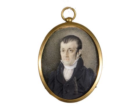 ENGLISH SCHOOL (EARLY 19TH CENTURY) a miniature oval portrait of a gentleman wearing black coat and white stock, watercolour 