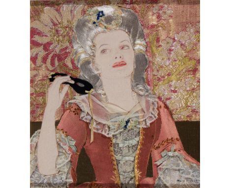 MARY IRELAND (20TH CENTURY) Girl with a mask, fabric mosaic panel, 25 x 22cm Inscribed verso with details of materials used
