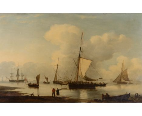 ATTRIBUTED TO WILLIAM ANDERSON (1757-1837) Marine scene with numerous sailing vessels, and figures on the shore, oil on panel