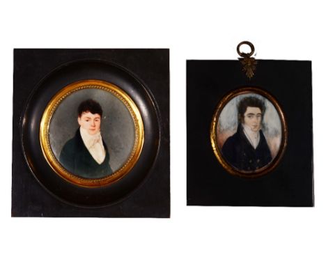 ENGLISH SCHOOL (19TH CENTURY) A miniature portrait of a young man wearing dark green coat and white stock, circular, watercol