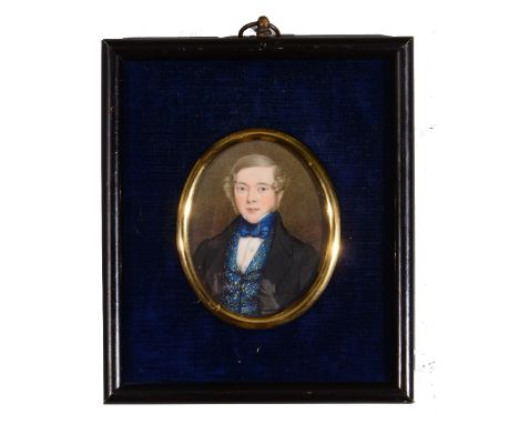 ENGLISH SCHOOL (19TH CENTURY) A miniature oval portrait of a gentleman wearing a dark jacket with blue waist coat, watercolou