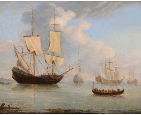 FOLLOWER OF PETER MONAMY A Dutch man o'war with sailors adjusting the sails and other sailing vessels at sea, oils on panel, 