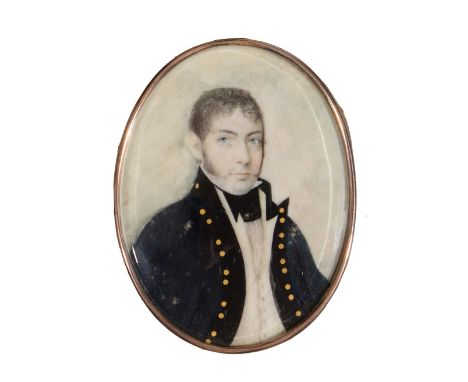 ENGLISH SCHOOL (EARLY 19TH CENTURY) A miniature oval portrait of a gentleman wearing a dark coat with gilt buttons, and a whi