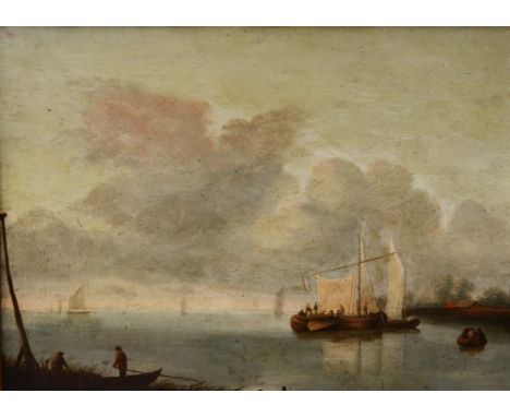 18TH CENTURY DUTCH SCHOOL Fisher folk and sailing vessels in a calm, oils on panel, 29 x 39cm