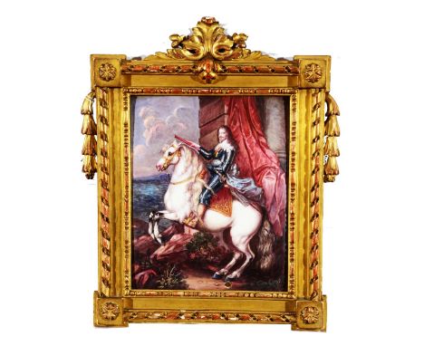 AFTER ANTHONY VAN DYCK Charles I on horseback, enamel on copper, 22 x 18cm