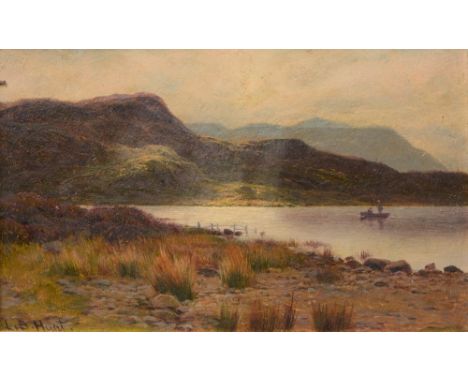 LOUIS BOSWORTH HURT (1856-1929) A loch with figures in a boat, signed, oils on panel, 14 x 22.5cm William Rodman & Co. label 