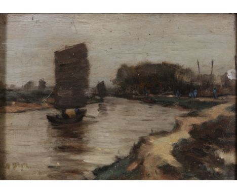 FOLLOWER OF THE IMPRESSIONIST SCHOOL A junk approaching a bend in the river, indistinctly signed, oils on panel, 19.5 x 28cm