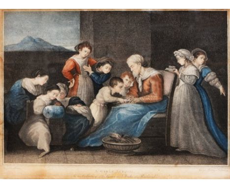 GEORGE KEATING AFTER PASQUILINI 'A Girl's School', stipple engraving, hand-coloured, 31 x 40cm; eight further various prints 
