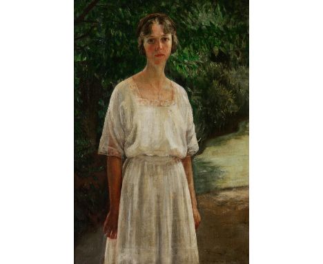 MARJORIE LOUISE BRIDGEWATER (20TH CENTURY) Three quarter length portrait of a lady in a formal garden, apparently a self port