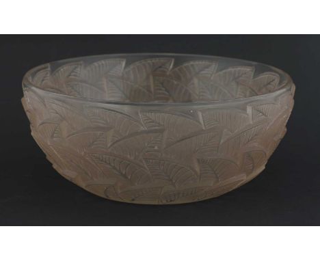 A Lalique 'Ormeaux' glass bowl,moulded with tinted leaves, stencilled 'R Lalique France', 19cm diameter7.8cm highCondition re