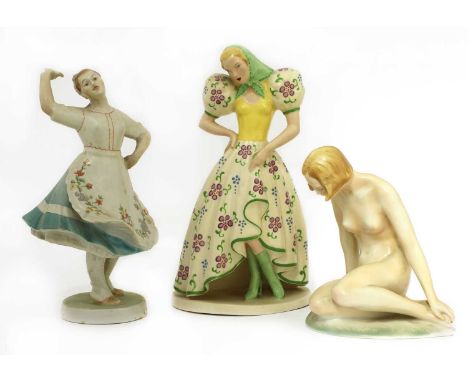 Three Art Deco figures,a Karls Ens figure of a nude, printed mark,16cm higha Zsolnay Pécs figure of a dancer, printed mark in