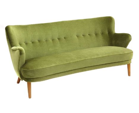 A Danish 'banana' settee,1940s, with green upholstery, raised on turned supports,168cm wide79cm deep79cm high, seat 40cm high