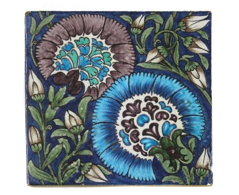 A William De Morgan 'Chicago' pattern tile,  early Fulham Period, c.1888-1897, painted with leaves and two Persian-style flow