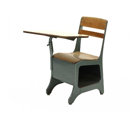 An American child's school desk,with an adjustable sloped vinyl top, and integral moulded steel and powder-coated base, a ben