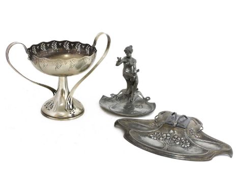 Three Art Nouveau metalware items,comprising:an Achille Gamba pewter dish, modelled with a seated lady, stamped marks,18cm wi