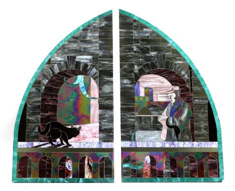 A pair of contemporary glass panels,each with curved sides forming an arch, depicting a cat on a parapet, the other with a wo
