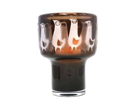 A Kosta glass table lamp, designed by Ove Sandeberg for Kosta, of cylindrical form, with a double cut band of birds, engraved