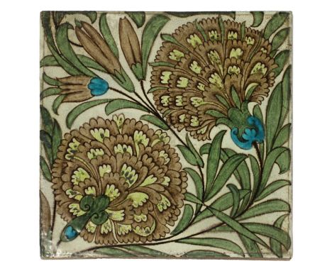 A William De Morgan 'Persian Flowers' pattern tile, Merton Abbey Period, c.1882-1888, painted with Persian-style flower heads