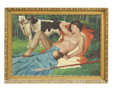 Continental School, c.1930A lady resting with two borzoi dogs, a spear beside hersigned indistinctly l.l., oil on canvas71.5 