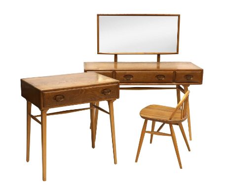 An Ercol dressing table,with an easel back mirror, over three drawers,114cm wide47cm deep124cm high,a low back stool,42cm wid