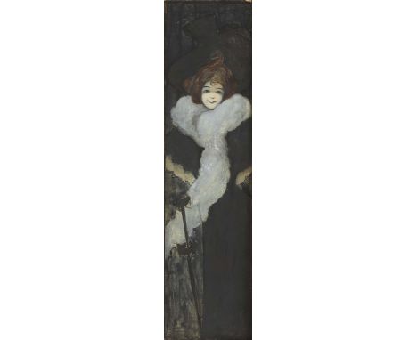 French School, c.1900Portrait of a lady in a flowing scarf, holding an umbrellawatercolour50 x 14cmCondition report: Loose in
