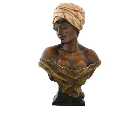 A Goldscheider 'La Negresse' terracotta bust,1890s, modelled by Friedrich Goldscheider (1845-1897), stamped marks, numbered '