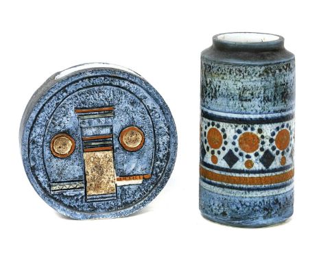 A Troika Pottery moon flask,by Simone Killburn, moulded with geometric shapes, painted marks and artist's monogram, 16cm high