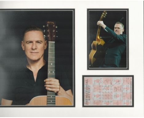 Bryan Adams music signature piece autograph presentation. Mounted with signed lottery ticket and two unsigned photos to appro