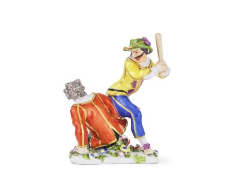 Très rare groupe en porcelaine de Meissen représentant deux Arlequins se battant, circa 1740A very rare Meissen group of figh