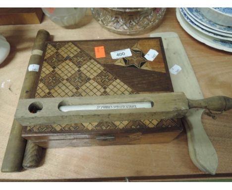 A selection of treen items including dairy thermometer, air thermometer, butter pats and inlaid treen box