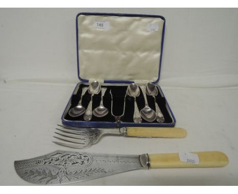 A canteen of cutlery and similar ornate knife and fork set