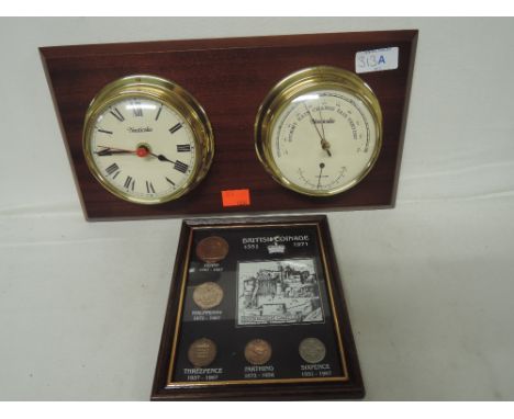 A Nauticalia wall mounted clock and barometer, with a collection of British coinage pre 1972