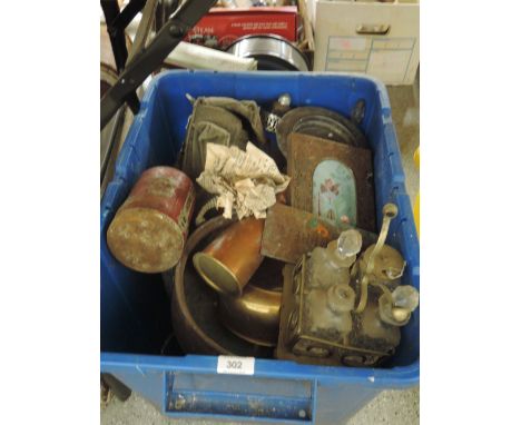A selection of vintage household items including copper pot and planter