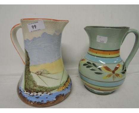 Two vintage jugs with a 1920's style one hand painted with fishing scene and one green glaze with floral work