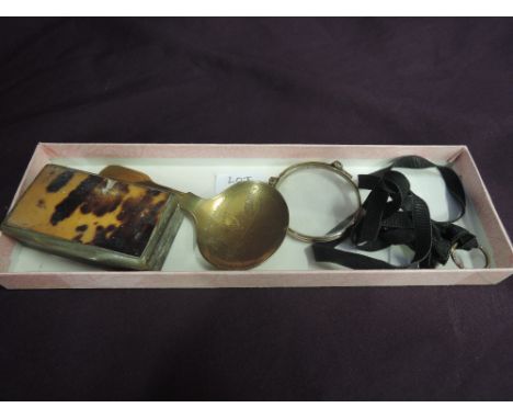 A horn snuff box, brass caddy spoon and a Victorian gold plated lorgnette