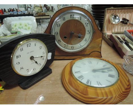 A selection of clocks including pine wall clock, deco style mantle clock and similar