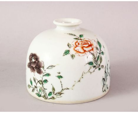 A CHINESE KANGXCI STYLE FAMILLE ROSE PORCELAIN BRUSH WASH, the body decorated with native floral scenes, the base with labels
