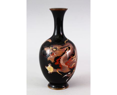 A GOOD JAPANESE MEIJI PERIOD CLOISONNE SILVER WIRE DRAGON VASE, the body of the vase with a deep ground with the scene of a t