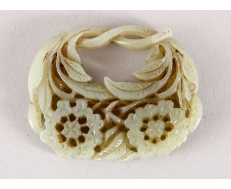 A GOOD 19TH / 20TH CENTURY CHINESE CARVED JADE PENDANT - BASKET OF FLORA, 6cm.