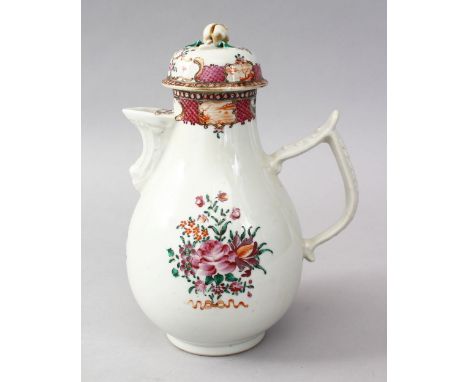 AN 18TH CENTURY CHINESE QIANLONG FAMILLE ROSE PORCELAIN COFFEE POT &amp; COVER, the body o the pot decorate with scenes of fl