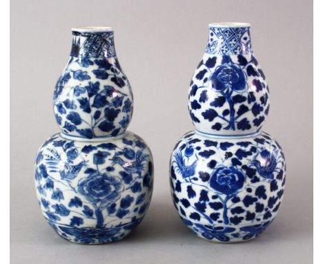 TWO CHINESE 19TH CENTURY BLUE &amp; WHITE PORCELAIN DOUBLE GOURD VASES, both decorated with scenes of birds amongst fruit tre