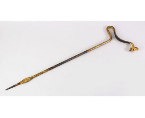 A FINE QUALITY TURKISH OTTOMAN GOLD INLAID IRON DERVIS STICK ( MUTTEKA ), the mutteka decorated with gold inlay to depict scr