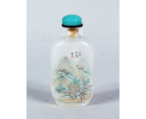 A GOOD 19TH / 20TH CENTURY CHINESE REVERSE PAINTED GLASS SNUFF BOTTLE, the body decorated with two different landscape scenes