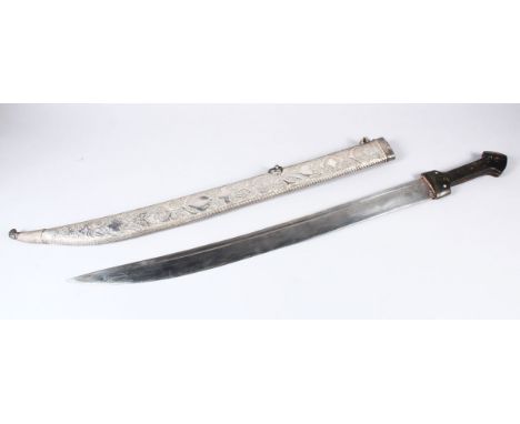 AN EARLY 20TH CENTURY PERSIAN ISLAMIC SWORD, with hand chased solid silver scabbard, and a horn  handle, 81cm long.