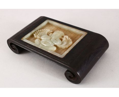 A GOOD 19TH / 20TH CENTURY CHINESE CARVED JADE &amp; HARDWOOD MINIATURE OPIUM TABLE, the scrolling end carved hardwood table 