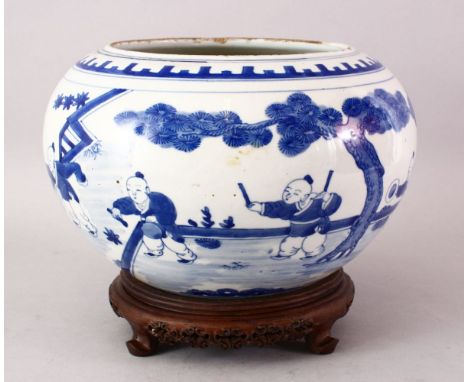 A GOOD 18TH CENTURY CHINESE BLUE &amp; WHITE PORCELAIN BOYS JAR, the body decorated with scenes of boys playing in landscape 