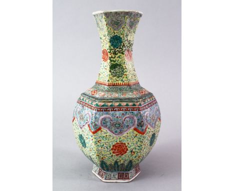 A GOOD 18TH / 19TH CENTURY CHINESE FAMILLE ROSE HEXAGONAL PORCELAIN VASE, the vase with a yellow ground with formal scroll, w