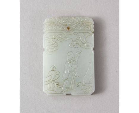 A GOOD CHINESE CARVED CELADON JADE PENDANT, carved to depict shou-lao holding his staff with attendant, calligraphy to the ve