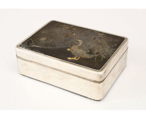 A GOOD JAPANESE MEIJI PERIOD SILVER &amp; MIXED METAL LACQUER BOX, the silver bound box with an inset top panel inlaid using 